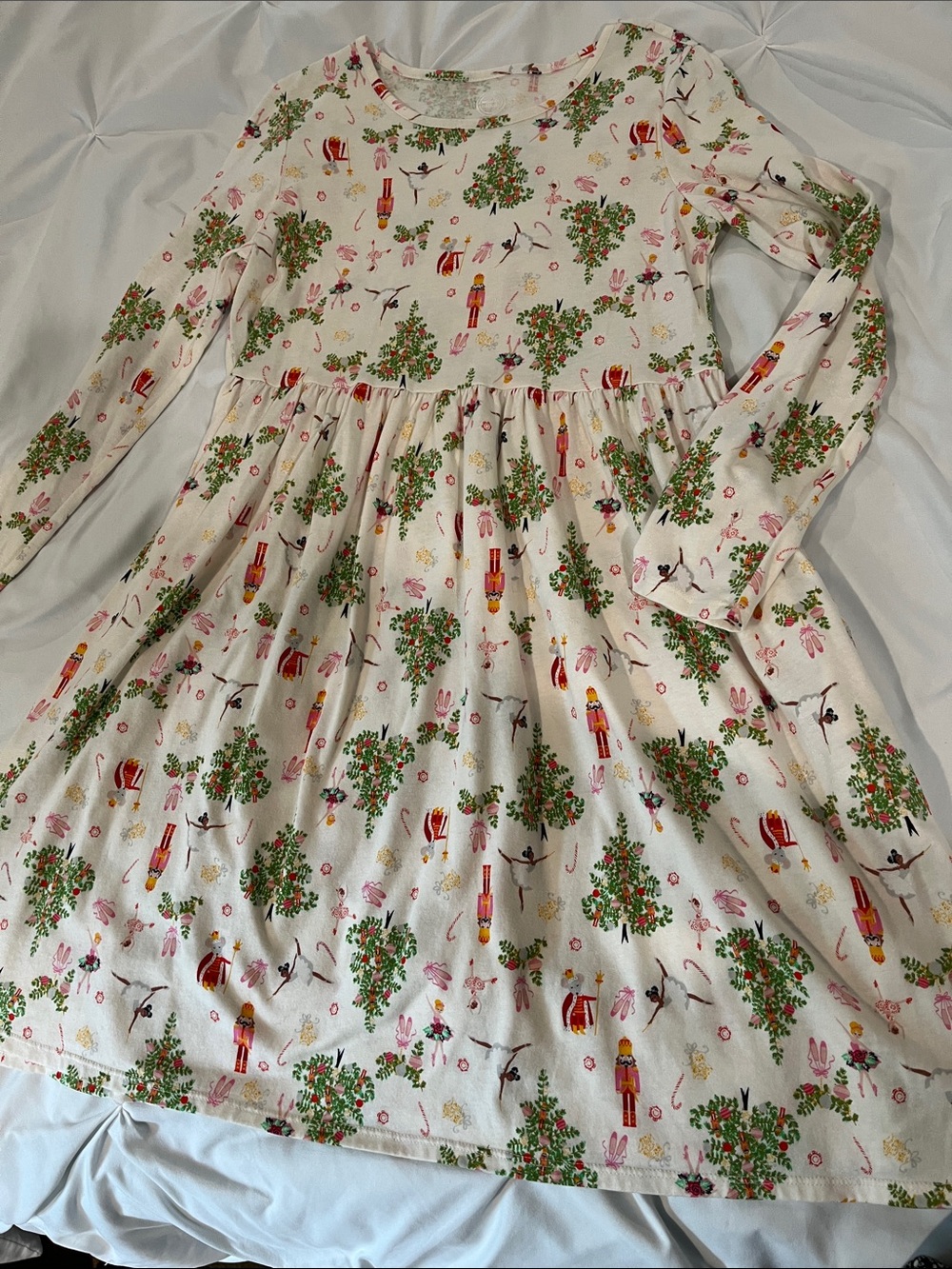 Girls Nutcracker Tree Print Long Sleeve Dress - Cream & Green